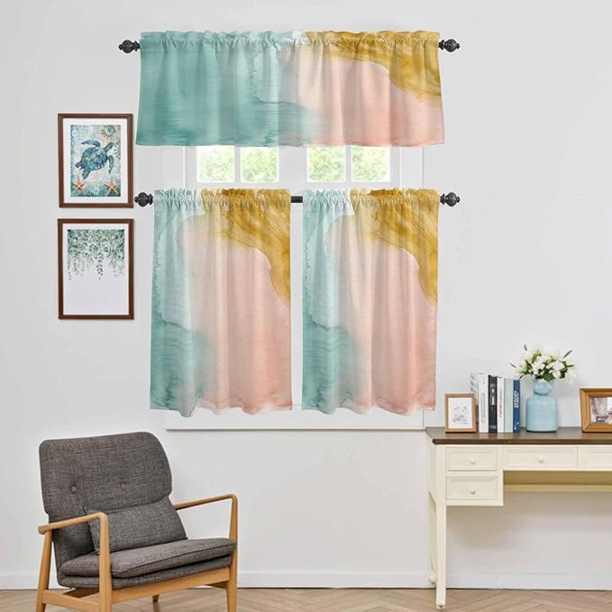 Kitchen Window Curtains Valance and Tier Set, Abstract Desert Mountains Rod Pocket Tier Curtain Valance Set, Modern Minimalist Art Light Filtering Cafe Curtains for Bedroom Living Room