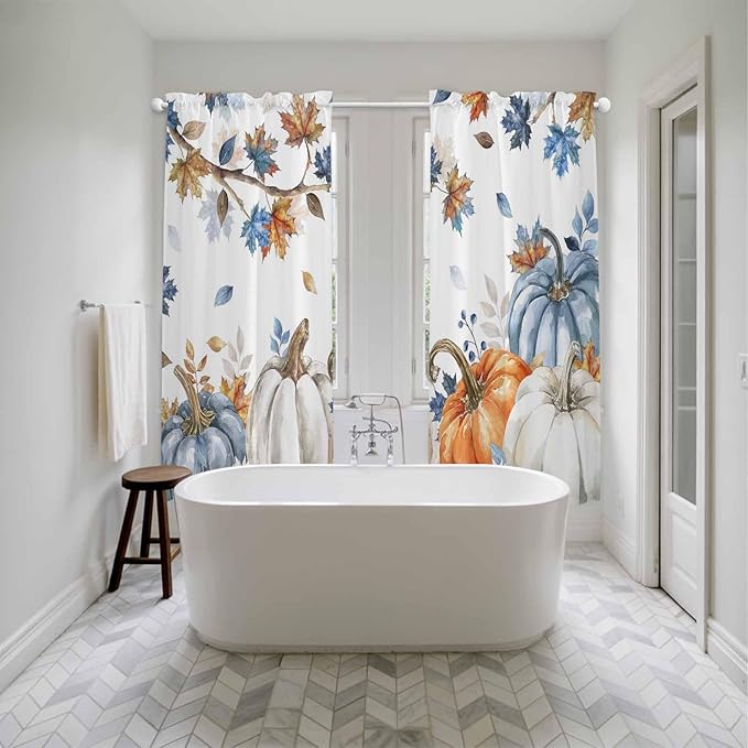 Navy Blue Pumpkin Fall Window Curtains 72 Inch Long 2 Panel Set,Rod Pocket Long Curtains & Drapes,Thanksgiving Maple Leaves Branches Window Treatment for Bedroom Living Room 52"W x 72"L