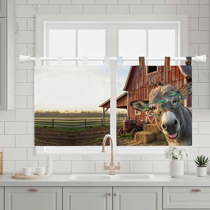 Farm Donkeys Kitchen Curtains 36 Inch Length, Small Window Curtains Tab Top, Farmhouse Barn Funny Animals Butterfly Light Filtering Short Window Treatments Tier Drapes 27.5"x36" 2 Panel