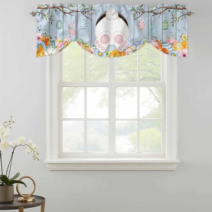 Easter Tie Up Valance Curtains for Windows, Kitchen Curtains Window Shades, Spring Watercolor Bunny Eggs Flower Wood Grain Blue Light Filtering Roman Curtain Valances for Bedroom/Bathroom/Cafe 54"x18"