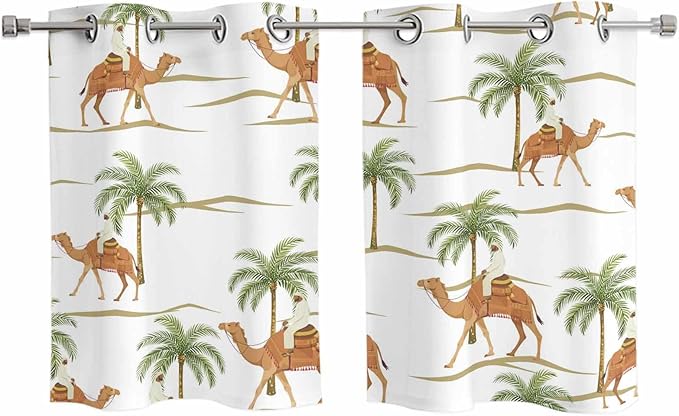 2 Panel Kitchen Cafe Curtains, Desert Camels Sunlight Filtering Nature Air Through, Home Decor Window Covering Tier Curtains for Bedroom Living Room 55W x 39L inch Tropical Date Palm Trees Animal
