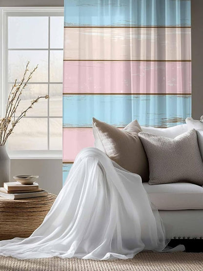 Sheer Curtains 72 Inches Long, Pink Blue Wood Grain Semi Sheer Curtains Light Filtering Window Treatment, Farmhouse Country Shabby Striped Privacy Voile Drapes for Living Room Bedroom 52x72 Inch