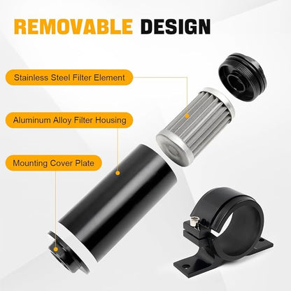 BARTOO 100 Micron Inline Fuel Filter with 6AN 8AN 10AN Adapter and 50MM Mounting Bracket For Filtering Gasoline, Diesel, E85(Black)