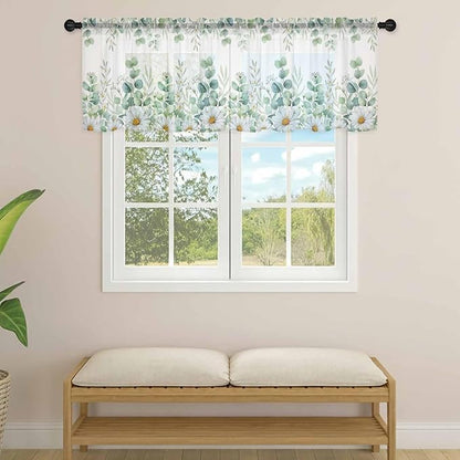 Eucalyptus Leaves Daisy Sheer Valance Curtains, Summer Farmhouses Flower Light Filtering Kitchen Valances Rod Pocket Voile Curtain Window Treatment for Bedroom/Living Room/Basement 42Wx18L