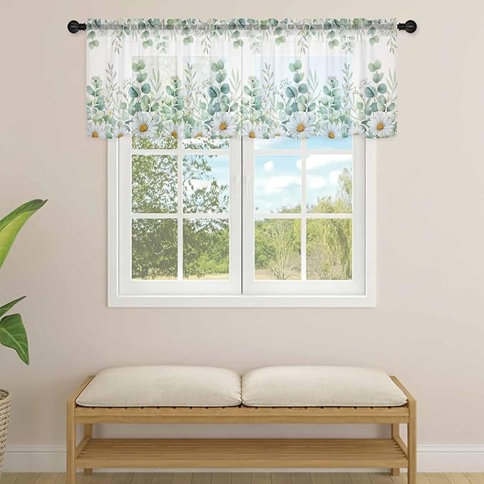 Eucalyptus Leaves Daisy Sheer Valance Curtains, Summer Farmhouses Flower Light Filtering Kitchen Valances Rod Pocket Voile Curtain Window Treatment for Bedroom/Living Room/Basement 54Wx18L