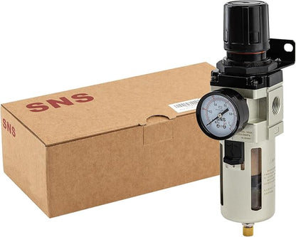 SNS 1/2”NPT Compressed Air Filter Regulator Piggyback Combo, Semi-auto Drain, 5 Micron Brass Filter, Gauge and Bracket, Poly Bowl with Metal Guard AW4000-N04A