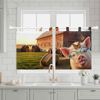 Farm Pig Kitchen Curtains 24 Inch Length, Small Window Curtains Tab Top, Farmhouse Barn Funny Animals Butterfly Light Filtering Short Window Treatments Tier Drapes 27.5"x24" 2 Panel