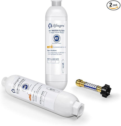 lifeegrn RV Water Filter with Hose Protector, Inline Water Filter, Reduces Bad Taste, Odors, Chlorine and Sediment in Drinking Water, White(2 Packs)