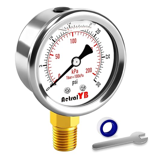 0-30 PSI Pressure Gauge, Glycerin-Filled, 2-Inch Stainless Steel Gauge, 1/4" NPT Lower Mount, Waterproof for Air Compressor, Water Pump, Hydraulic and Pneumatic Systems