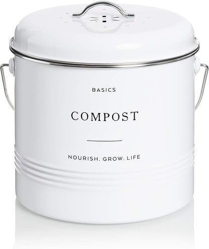 D'Lifeful Kitchen Compost Bin – 1.3 Gallon Countertop Farmhouse Compost Container with Lid – Odorless Indoor Food Scrap Pail with 6 Charcoal Filters – Eco-Conscious and Easy to Clean - White