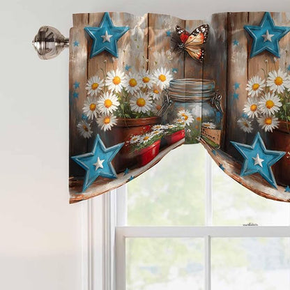 Country Flower Tie Up Valance for Window, Western Texas Star Butterfly Barn Door Adjustable Balloon Window Shade Valance Curtain for Kitchen Cafe Bathroom Window Treatment Panel 42''x18''