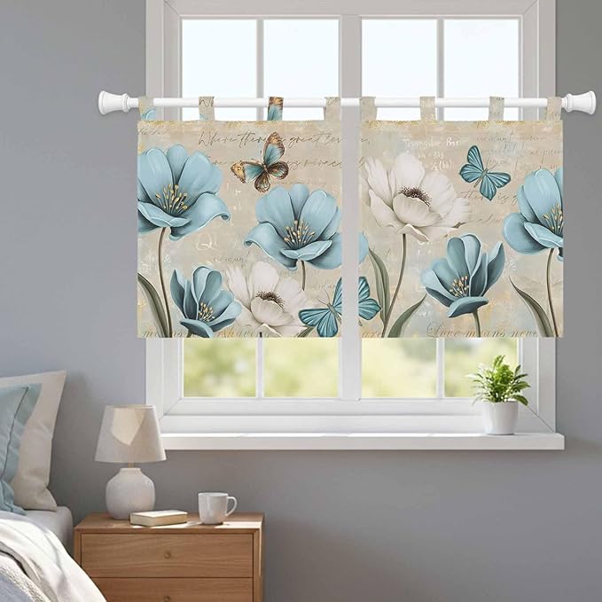Spring Flowers Kitchen Curtains 36 Inch Length, Small Window Curtains Tab Top, Vintage Rustic Tulips Floral Butterfly Khaki Light Filtering Short Window Treatments Tier Drapes 27.5"x36" 2 Panel