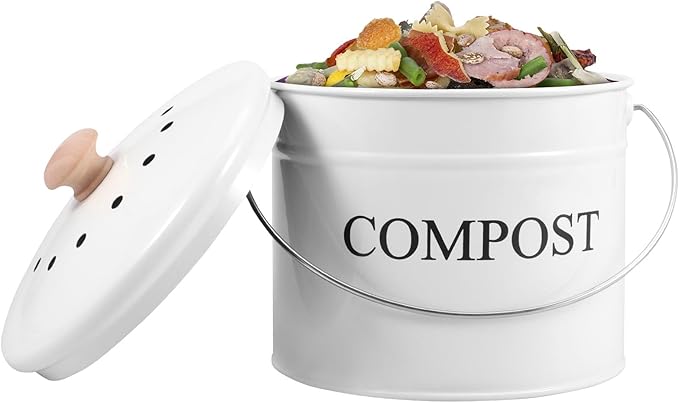 Kitchen Compost Bin 0.8 Gallon Metal Countertop Compost Bin with Lid and Handle, Smell Resistant Indoor Waste Bucket for Food Waste(White,1)