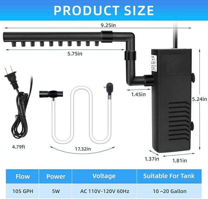 Submersible Internal Aquarium Filter Multiple Function Powerful Pump Fish Tank Filter for 10-20 Gallon Tanks 105 GPH 5W