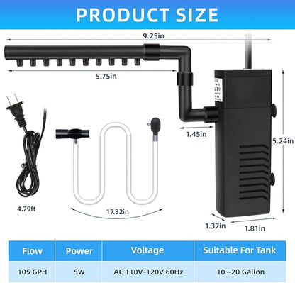 Submersible Internal Aquarium Filter Multiple Function Powerful Pump Fish Tank Filter for 10-20 Gallon Tanks 105 GPH 5W