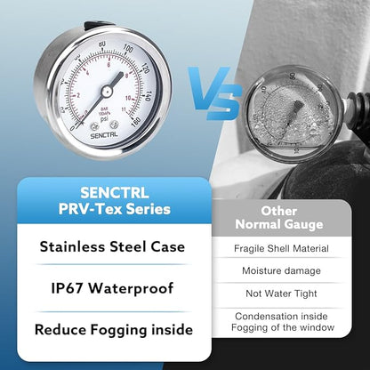 SENCTRL 0-160 Psi Pressure Gauge, 2" Dial, 1/4 NPT Back Mount, Waterproof, Stainless Steel Case, for Pneumatic Regulator Air Compressor RV Regulator Water Tire Pressure Test