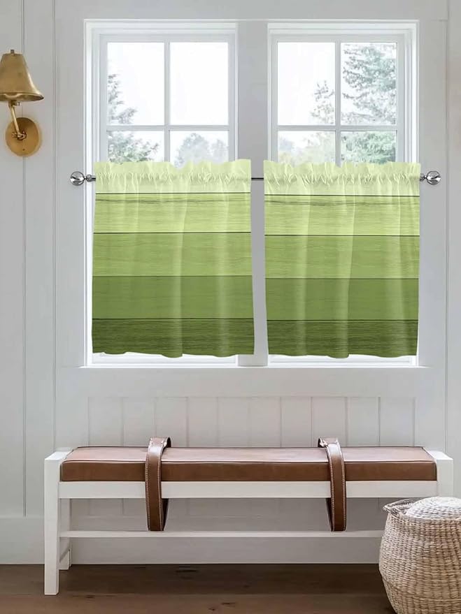 Gradient Green Wooden Board Window Valance Curtains, Retro Country Wood Grain Light Filtering Kitchen Valance with 3-inch Rod Pocket for Living Room Bathroom Bedroom,2 Panel,27.5x24In