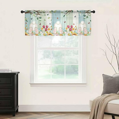 Easter Sheer Valances for Windows 60"x18", Light Filtering Kitchen Curtains Valance, Spring Watercolor Eggs Country Tulip Wooden Grain Rod Pocket Chiffon Curtains for Living Room Bedroom Cafe