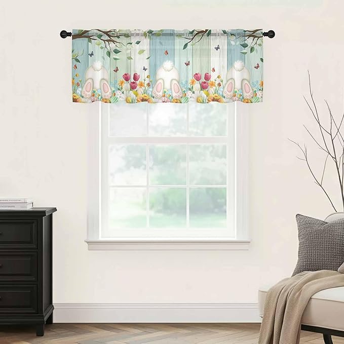 Easter Sheer Valances for Windows 42"x18", Light Filtering Kitchen Curtains Valance, Spring Watercolor Eggs Country Tulip Wooden Grain Rod Pocket Chiffon Curtains for Living Room Bedroom Cafe