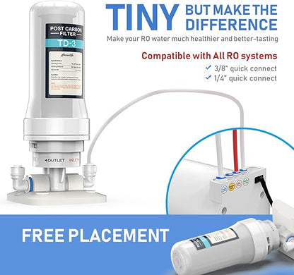 Frizzlife TD-3 Inline Water Filter, Fast Replacement Post Water Filter Removes Chlorine, VOCs & Odor, Adjust Taste, 1/4" and 3/8" Quick Connect
