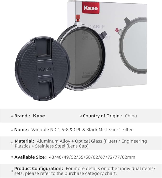 Kase 72mm Variable ND1.5-8 & CPL & Black Mist 3 in 1 Filter with 36 Multi-Coatings, Essential for Landscape & Vlog, Compatible with Canon Sony Nikon