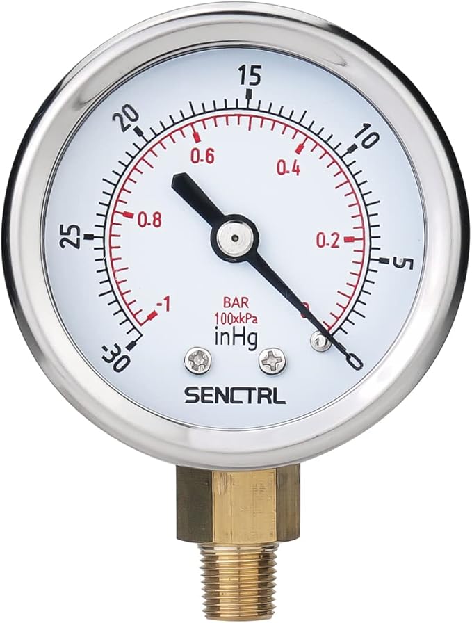 SENCTRL 30inHg Vacuum Pressure Gauge, 2" Dial, 1/8 NPT Lower Mount, Waterproof, Stainless Steel Case, for Tube Tester, HVAC, Pneumatic Air Compressor, Hand Pump, Valve Test