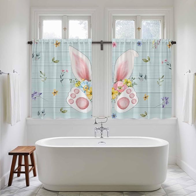 Easter Kitchen Curtains 54 Inch Long 2 Panel Set, Rod Pocket Window Curtains Panels, Spring Rabbits Ears Feet Flowers Wooden Grain Light Filtering Privacy Draperies for Bedroom Laundry 42"W x 54"L