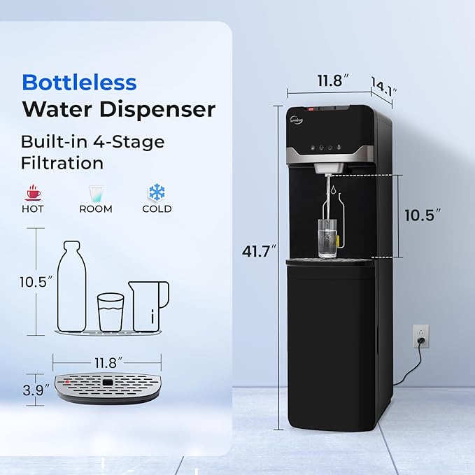 iSpring Bottleless Water Cooler Dispenser with 4-Stage Filtration, SGS-Tested 99% of PFAS, Lead, Chloramine Removal, Hot, Cold, Room Temp, Stainless Steel, Black, Model: DS4B-MAX