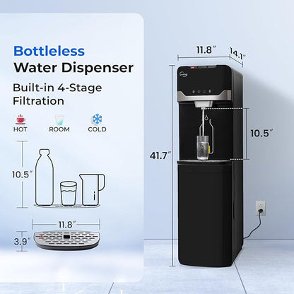 iSpring Bottleless Water Dispenser with Built-in 4-Stage Filtration, Chloramine Removal, Water Cooler Dispenser - Hot, Cold, Room Temp, Self Cleaning, Black，Model: DS4B-NC