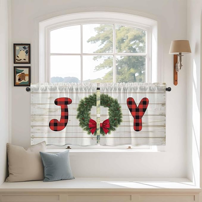 Christmas Wreaths Kitchen Tier Curtains 36 Inch Long 2 Panel Set,Rod Pocket Half Window Curtains Over Sink,Winter Bow Plaid Farmhouse Wooden Grain Short Drapes for Bathroom Cafe 27.5"W x 36"L