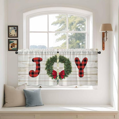 Christmas Wreaths Kitchen Tier Curtains 24 Inch Long 2 Panel Set,Rod Pocket Cafe Small Window Curtains Over Sink,Winter Bow Plaid Farmhouse Wooden Grain Short Drapes for Bathroom Cabinet 27.5"W x 24"L