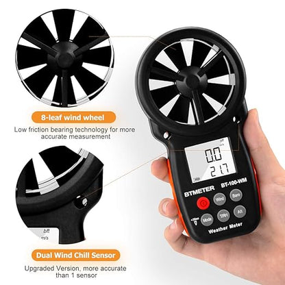 BTMETER Digital Anemometer Barometer Handheld, for Wind Speed Temperature Wind Chill Tester w/Humidity, Altitude, Barometric Pressure Meter for Climbing Drone HVAC CFM BT-100WM