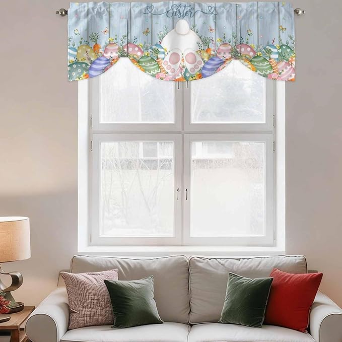 Spring Easter Tie Up Valance Curtains for Windows, Kitchen Curtains Window Shades, Rabbit Ears Foot Colorful Eggs Wooden Plank Light Filtering Roman Curtain Valances for Bedroom/Bathroom/Cafe 42"x18"