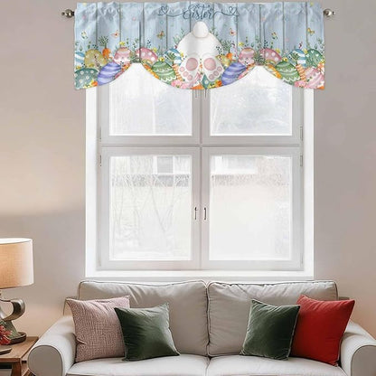 Spring Easter Tie Up Valance Curtains for Windows, Kitchen Curtains Window Shades, Rabbit Ears Foot Colorful Eggs Wooden Plank Light Filtering Roman Curtain Valances for Bedroom/Bathroom/Cafe 60"x18"