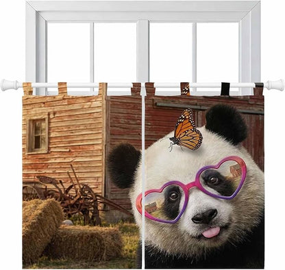 Farm Panda Kitchen Curtains 45 Inch Length, Short Cafe Window Curtains Tab Top, Farmhouse Barn Funny Animals Butterfly Light Filtering Window Treatments Tier Drapes 27.5"x45" 2 Panel