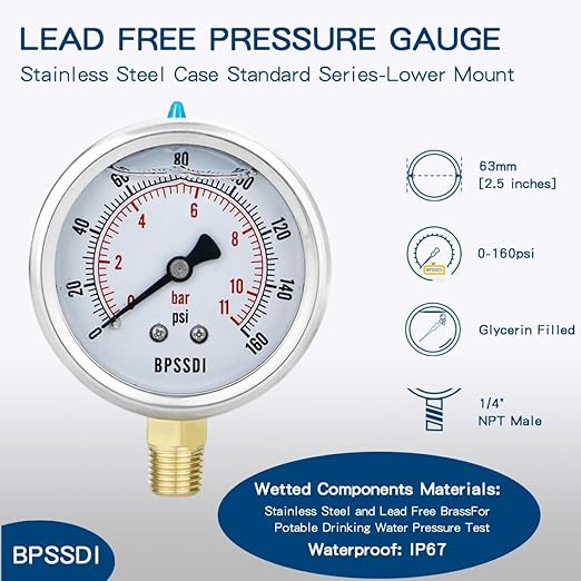 0-160 Psi Lead-Free Glycerin Liquid Filled Low Pressure Gauge, 2.5" Dial Size, 1/4" G Lower Mount, 304 Stainless Steel Case, for Water Pipe, HVAC, Water Oil Air Pressure Test