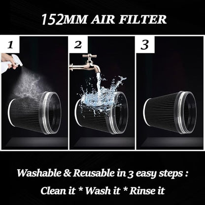6" Inlet Cold Air Intake Filter Cone Replacement Performance Washable Clamp-On Dry Air Filters Black (6" Tall)