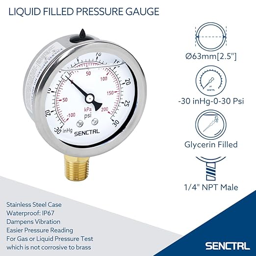 SENCTRL 30 inHg to 30 Psi Vacuum Glycerin Liquid Filled Low Pressure Gauge, 2.5" Dial Size, 1/4" NPT Lower Mount, Stainless Steel Case, for Air Conditioning Manifolds, HVAC, Air Pump Vacuum Test