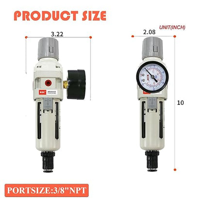 RIH 3/8"NPT Auto Drain Air Filter Pressure Regulator Combo Piggyback, 5 Micron Brass Element, Poly Bowl, Metal Bracket, 0-150 psi Gauge Air Tool Compressor Filter with Gauge (3/8"NPT Auto Drain)