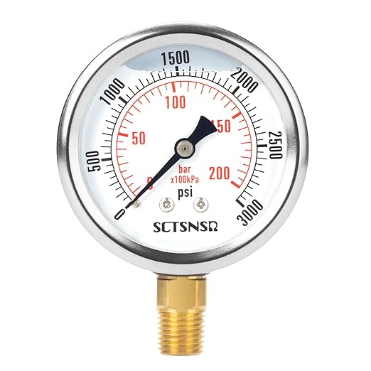 2-1/2" Dial Size, 0-3000 Psi Pressure Gauge, Glycerin Liquid Filled, 1/4" NPT Lower Mount, Stainless Steel Case, for Regulator, Brew Setup, Beer, Kombucha, HVAC, Hydraulic, High Pressure Test