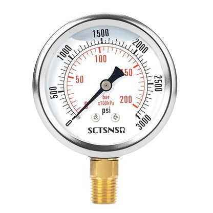 2-1/2" Dial Size, 0-3000 Psi Pressure Gauge, Glycerin Liquid Filled, 1/4" NPT Lower Mount, Stainless Steel Case, for Regulator, Brew Setup, Beer, Kombucha, HVAC, Hydraulic, High Pressure Test
