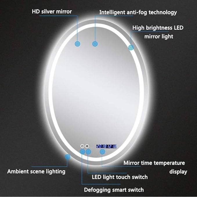 Oval LED Bathroom Mirror Wall Makeup Mirrors Shaving Mirror with Lights and Demister Pad Time Display (Color : Warm Light Size : 600 * 800mm) (Warm Light 600 * 800mm)