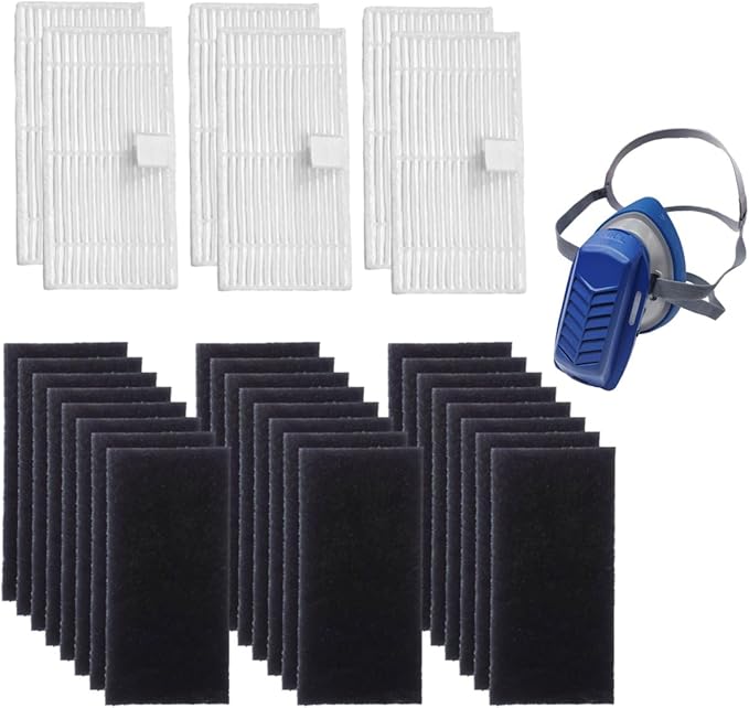 x6 H13 HEPA & x24 Active-Carbon Filter Set (Purifier Excluded). Prevent PM2.5, dust, and Reduce Light Odors. for Respirator PMPR-3SH mask. for Woodworking, Construction Work, Sanding, DIY.