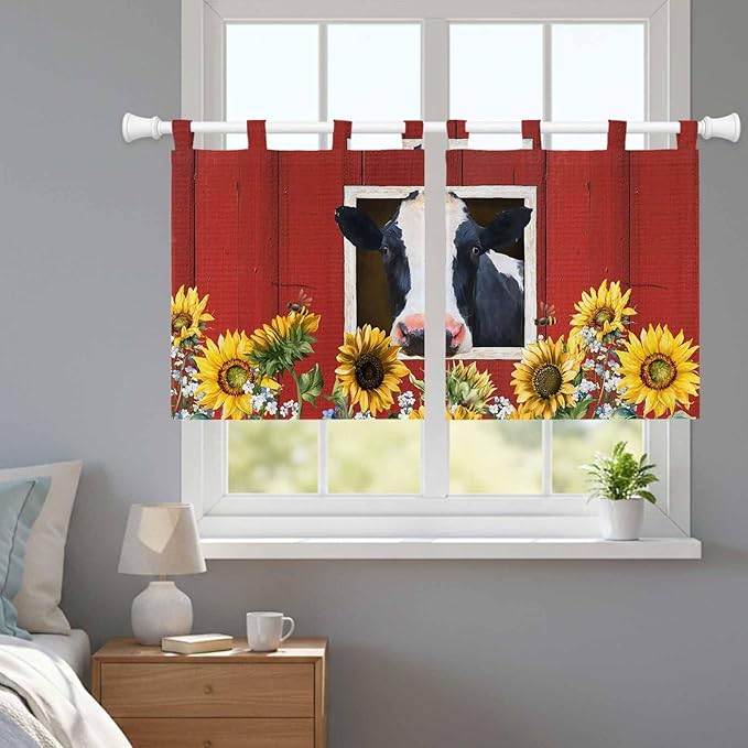 Cow Sunflowers Kitchen Curtains 24 Inch Length, Small Window Curtains Tab Top, Botanical Floral Leaves Bees Farm Barn Light Filtering Short Window Treatments Tier Drapes 27.5"x24" 2 Panel