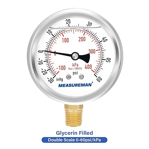 MEASUREMAN 2-1/2" Dial Size, Glycerin Filled Pressure Gauge, 30inHG-60psi, 304 Stainless Steel Case, 1/4" NPT Lower Mount