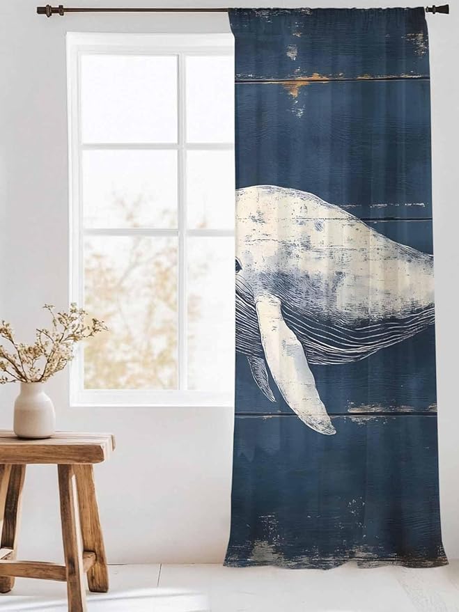 Sheer Curtains 84 Inches Long, Ocean Vintage Whale Semi Sheer Curtains Light Filtering Window Treatment, Summer Retro Wood Grain Privacy Voile Drapes for Living Room Bedroom 52x84 Inch