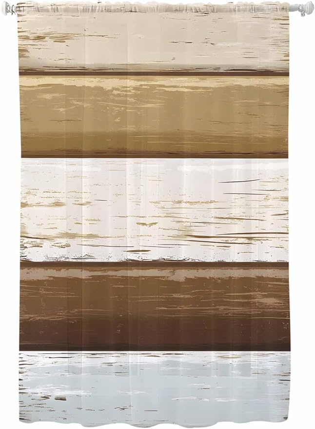 Sheer Curtains 63 Inch Length, Wood Grain Brown Semi Sheer Curtains Light Filtering Window Treatment, Farmhouse Vintage Country Geometric Privacy Voile Drapes for Living Room Bedroom 52x63 Inch