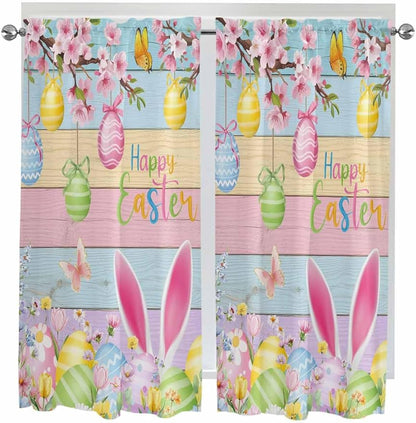 Colorful Easter Living Room Curtains 72 Inches length, Spring Watercolor Bunny Egg Flower Wood Grain Window Treatment Curtain Drapes, Light Filtering Drapes for Bedroom Laundry Room, 52"x72", 2 Panels