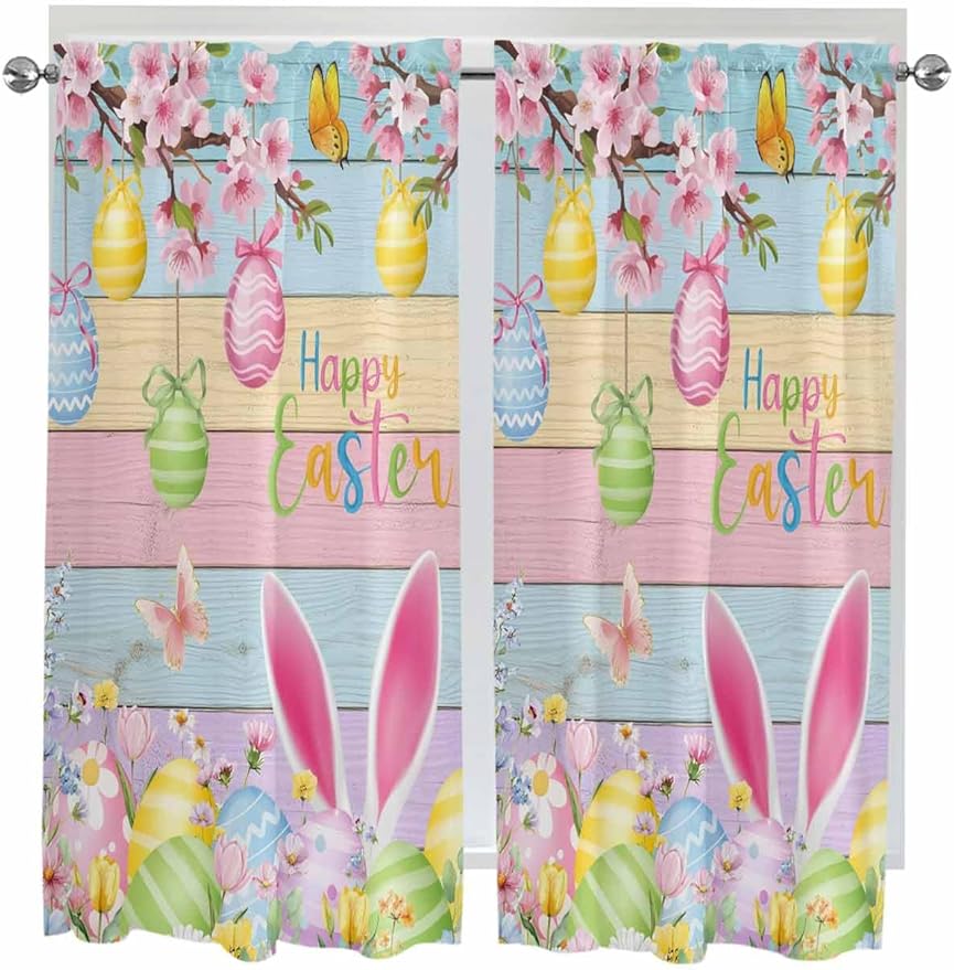 Colorful Easter Bedroom Curtains 63 Inches length, Spring Watercolor Bunny Egg Flower Wood Grain Window Treatment Curtain Drapes, Rod Pocket Curtain Panels for Living Room Kitchen, 42"x63", 2 Panels