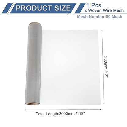 uxcell 80 Mesh 118" x 12" Woven Wire Mesh, 304 Stainless Steel Air Vent Filter Screen, Window Screen Mesh for DIY Projects Vents Cover Filtration Animals Fence